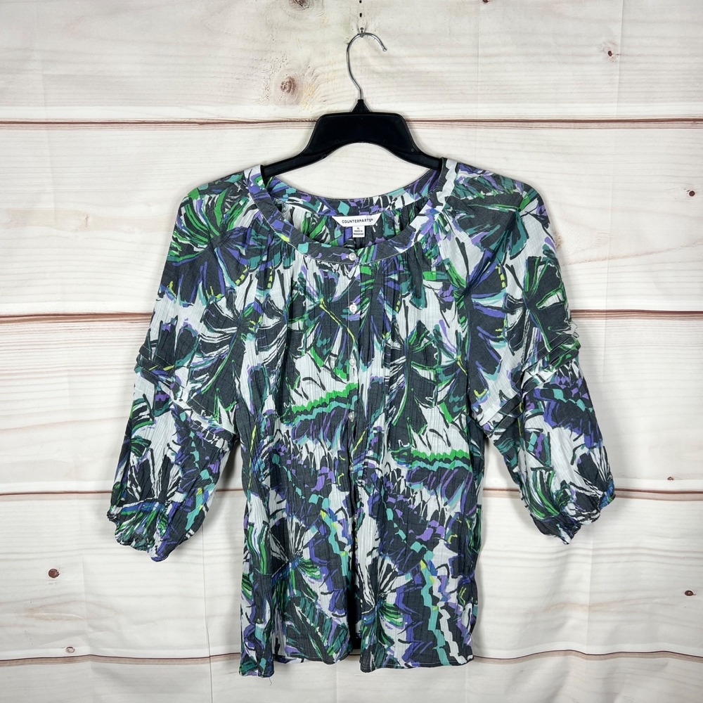 Counterparts Top Womens XL Gray Floral Blouse Button Up 3/4 Sleeve Ruffles Woven